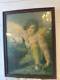 XL VINTAGE BOY WITH RABBIT ART IN ANTIQUE FRAME