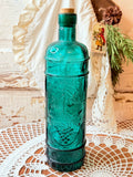 VINTAGE TALL TEAL GLASS GRAPE MOTIF ORNATE BOTTLE DECOR