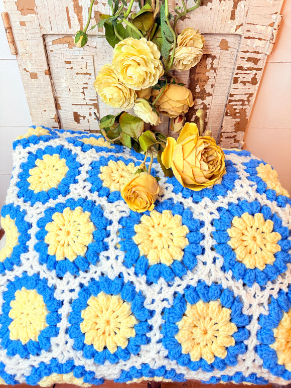 VINTAGE HAND CROCHETED BLUE AND YELLOW AFGHAN