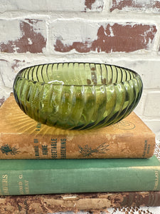 VINTAGE GREEN GLASS RIBBED BOWL