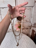 VINTAGE 3 STRAND METAL AND BEADED NECKLACE WITH UNIQUE CHARMS