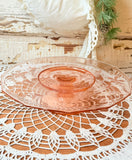 VINTAGE PINK DEPRESSION GLASS ETCHED CAKE PLATE ON PEDESTAL
