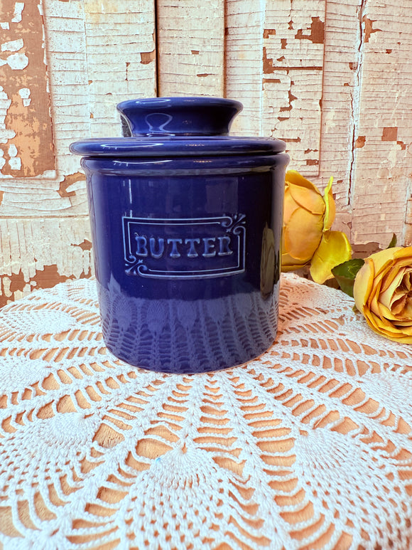VINTAGE BLUE CROCK BUTTER BELL CANISTER