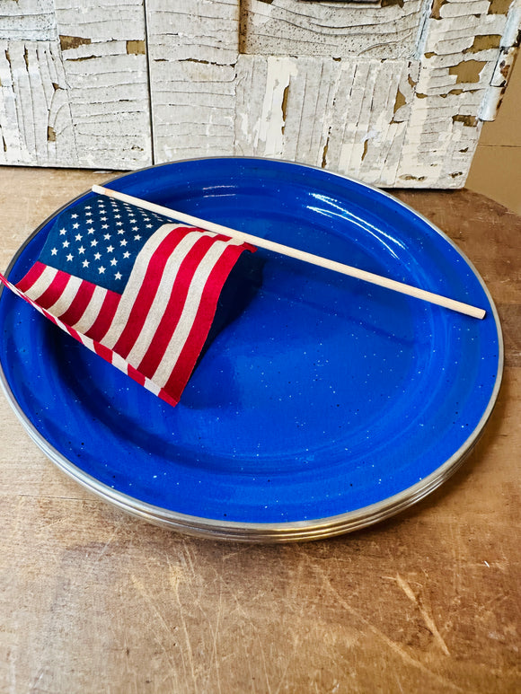 SET OF 3 BLUE VINTAGE SPECKLED ENAMEL PLATES