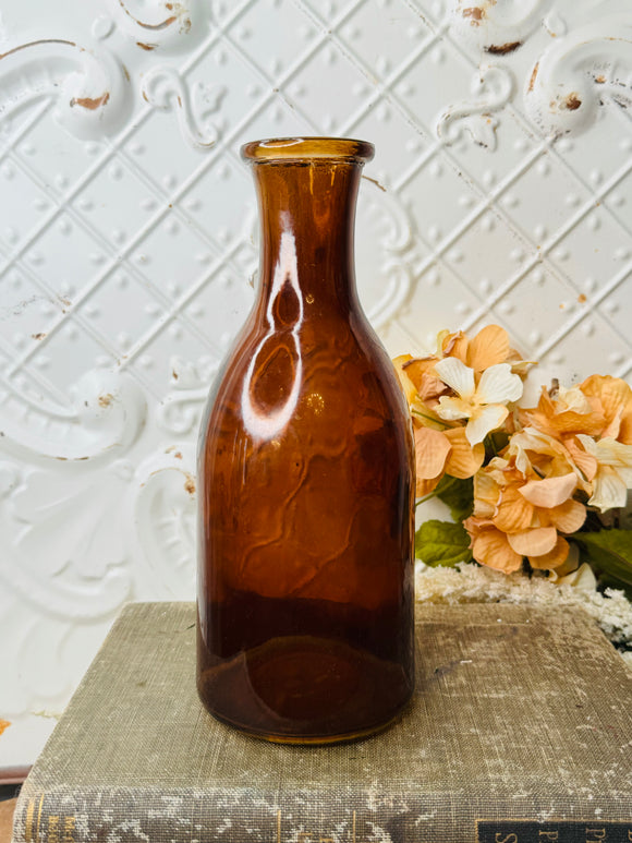 VINTAGE BROWN GLASS ORNATE BOTTLE VASE