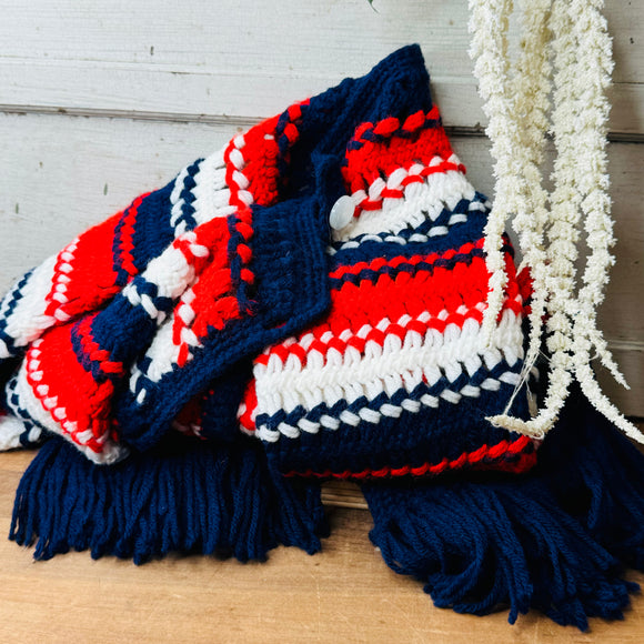 HANDMADE VINTAGE PATRIOTIC CARDIGAN WITH BUTTONS AND TASSELS