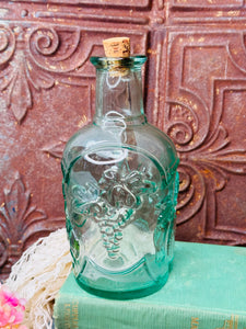 GREEN GLASS EMBOSSED FRUIT VINTAGE BOTTLE - 2 AVAILABLE