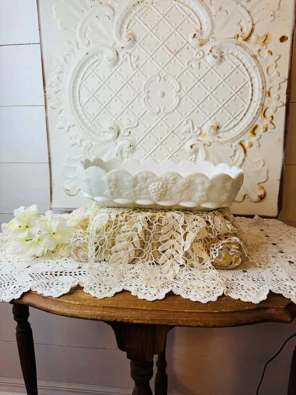 SCALLOPED FRUIT MOTIF VINTAGE MILK GLASS STYLE LONG DISH