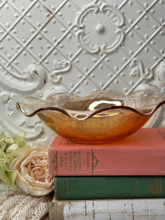 VINTAGE IRIDESCENT ETCHED AMBER GLASS BOWL