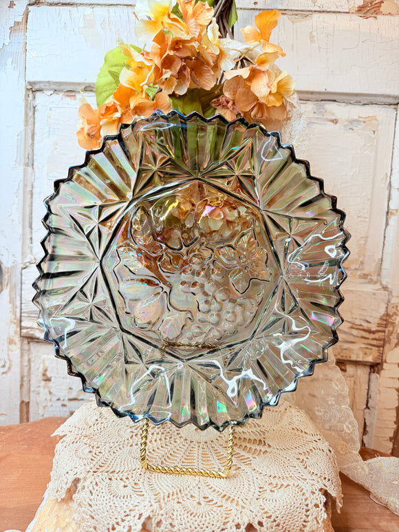 VINTAGE IRIDESCENT CARNIVAL GLASS FRUIT MOTIF BOWL