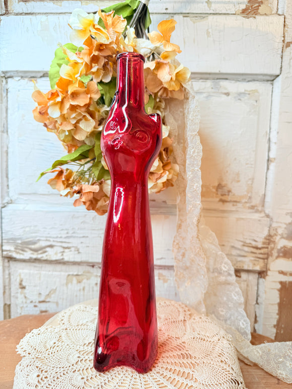 HAND BLOWN RED GLASS CAT BOTTLE VASE