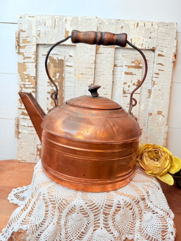 ANTIQUE LARGE COPPER TEAPOT WITH WOODEN HANDLE