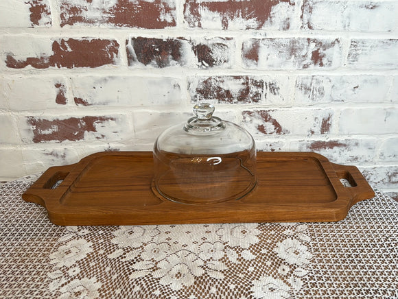 VINTAGE TEAK CHEESE BOARD WITH GLASS DOME