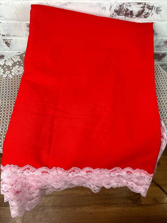 LARGE RED VINTAGE LACE TRIM TABLECLOTH