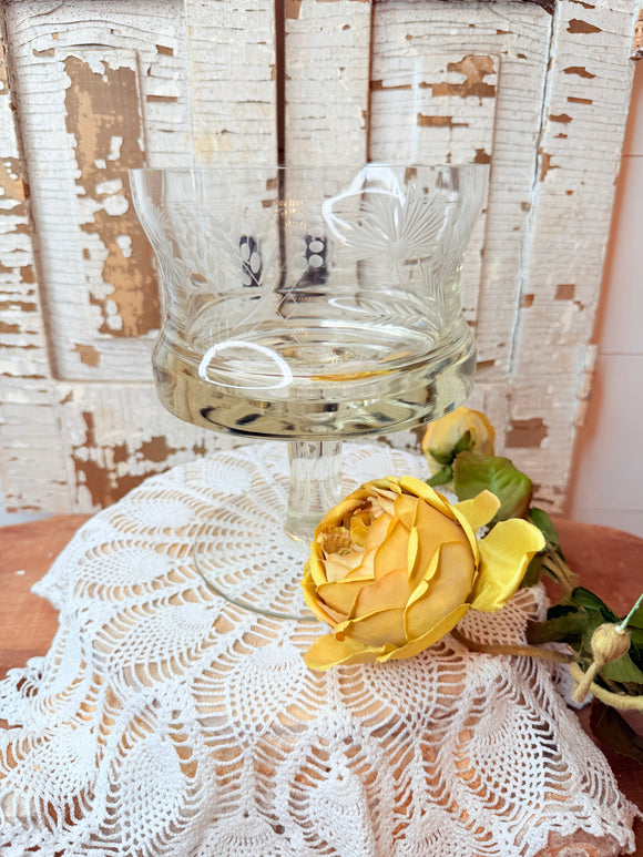 VINTAGE ETCHED PINK PEDESTAL BON BON BOWL