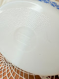 VINTAGE MARKED MILK GLASS  BLUE DESIGN DIVIDED CASSEROLE DISH