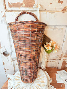 VINTAGE LARGE WICKER CONE WALL POCKET