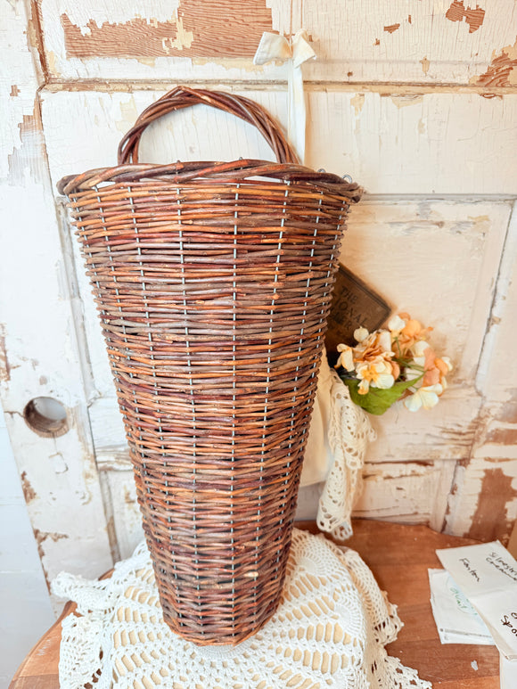 VINTAGE LARGE WICKER CONE WALL POCKET