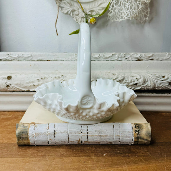 MILK GLASS HOBNAIL RUFFLE BASKET FENTON