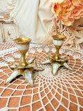 VINTAGE PAIR OF PEARL AND BRASS ORNATE CANDLE HOLDERS