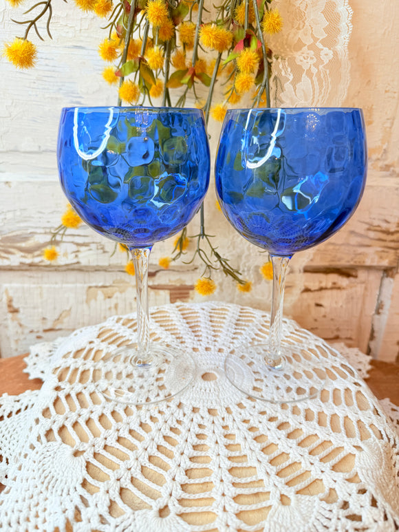 SET OF 2 COBALT BLUE OPTIC WINE GLASSES