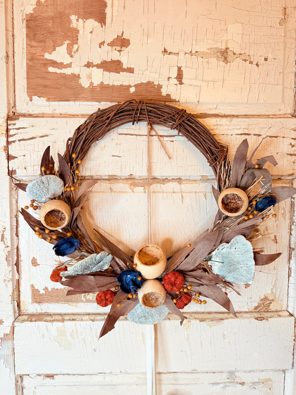 DECORATIVE WOVEN TWIG WREATH WITH COLORFUL ACCENTS