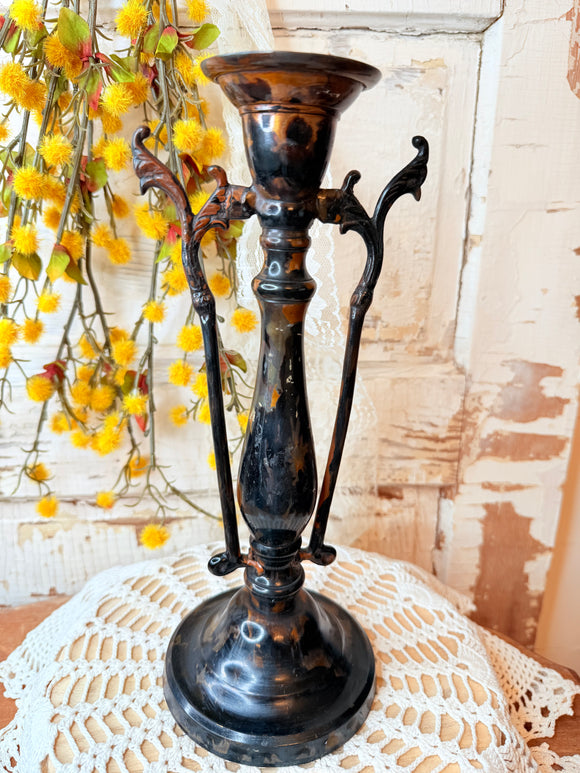 VINTAGE PATINA’D COPPER LARGE ORNATE CANDLESTICK HOLDER