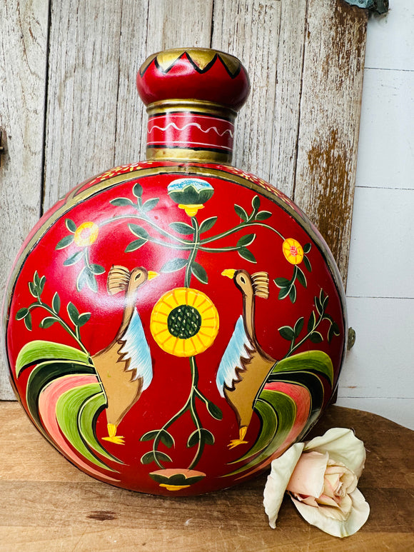 UNIQUE HANDPAINTED ROOSTER XL METAL JUG VASE RARE