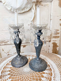 ANTIQUE BAROQUE SET OF SILVER CANDLESTICKS WITH PRISMS