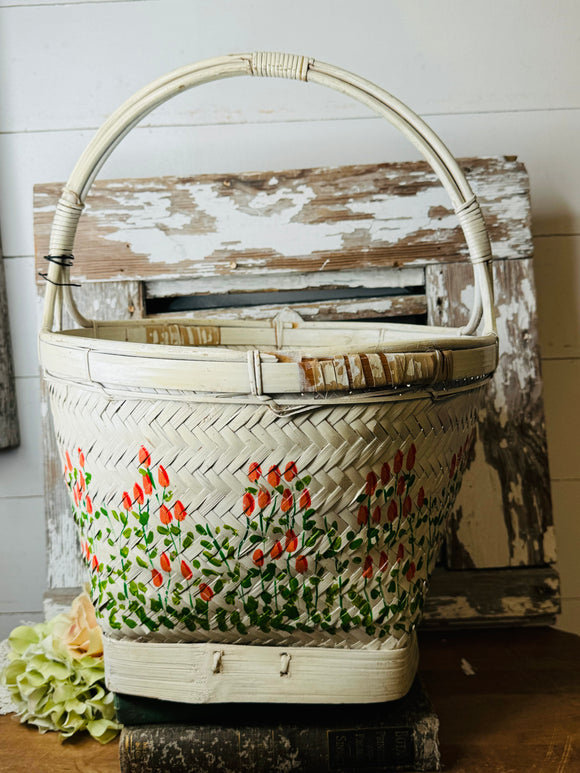 HANDPAINTED FLORAL VINTAGE WICKER BASKET