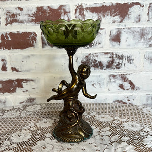 BRASS CHERUB WITH VINTAGE GREEN GLASS CANDLE HOLDER