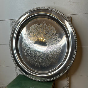 ORNATE LARGE SILVER PLATTER WITH ETCHINGS