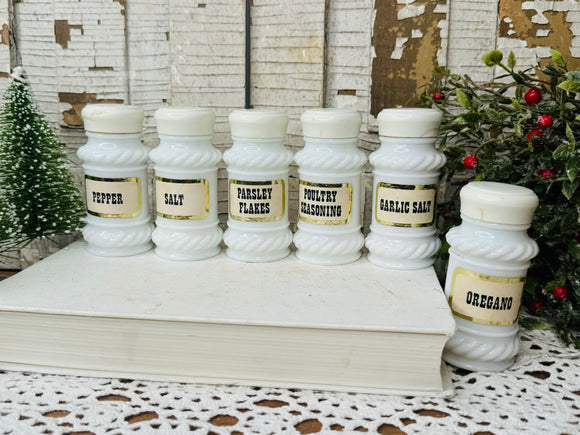 SET OF 6 MILK GLASS VINTAGE LABELED SPICE JARS