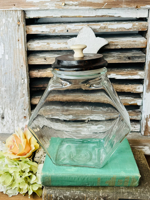 LARGE ANTIQUE PHARMACY JAR WITH WOOD AND PORCELAIN LID - 4 AVAILABLE