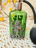 VINTAGE GREEN AND SILVER CHERUB ORNATE PERFUME BOTTLE