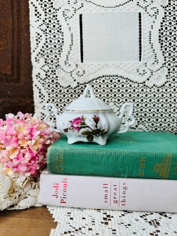 FLORAL GOLD TRIM VINTAGE JAR AND LID