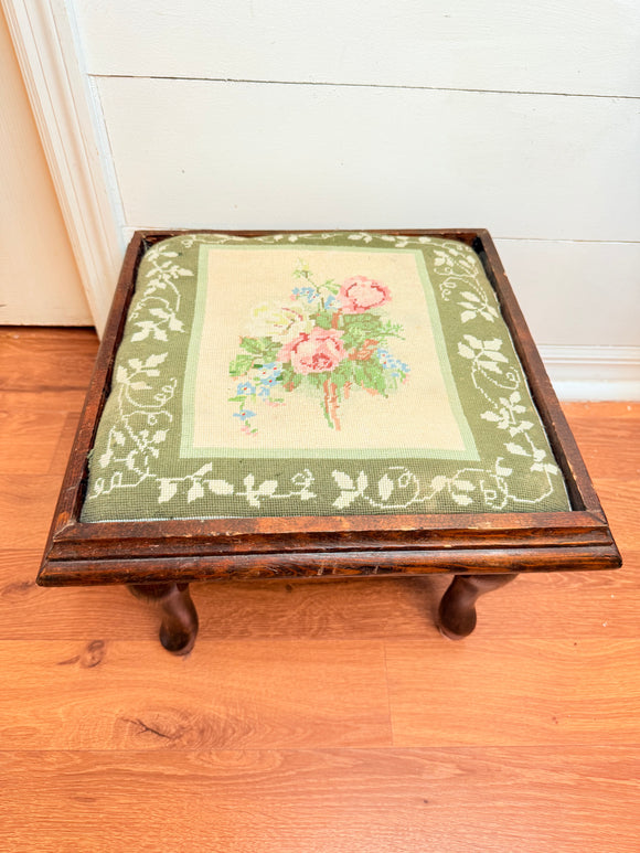 AMAZING ANTIQUE WOOD AND TAPESTRY STEP STOOL