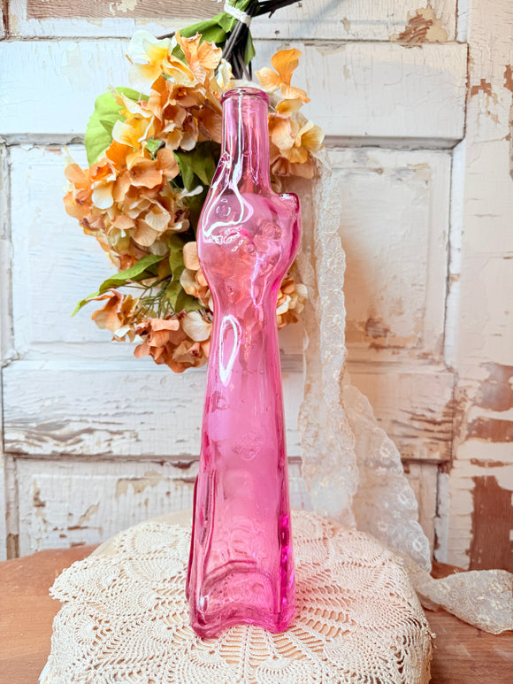 HAND BLOWN PINK GLASS CAT BOTTLE VASE