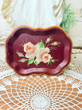 VINTAGE ORNATE HAND PAINTED FLORAL BURGUNDY TOLE TRAY