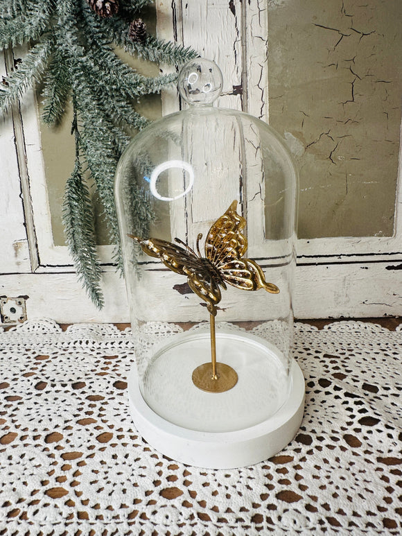 GOLDEN BUTTERFLY ON STAND IN VINTAGE CLOCHE