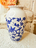 VINTAGE BLUE FLORAL SCALLOPED ORNATE VASE