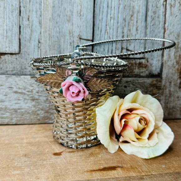 SILVER VINTAGE UNIQUE PORCELAIN ROSE BASKET
