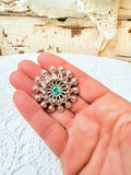 VINTAGE TEAL AND SILVER ORNATE BROOCH PIN