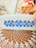 VINTAGE MARKED MILK GLASS  BLUE DESIGN DIVIDED CASSEROLE DISH