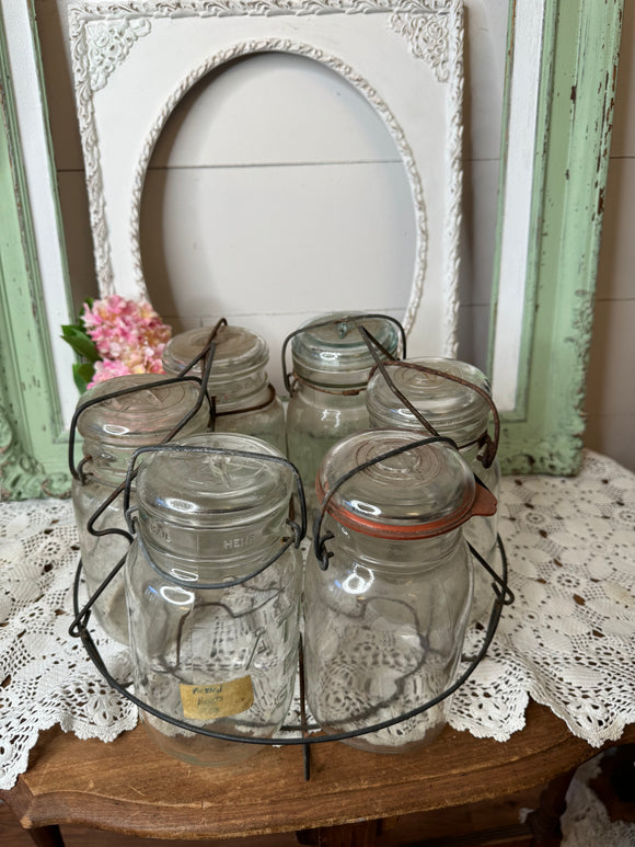 SET OF CANNING JARS IN HOLDER ANTIQUE