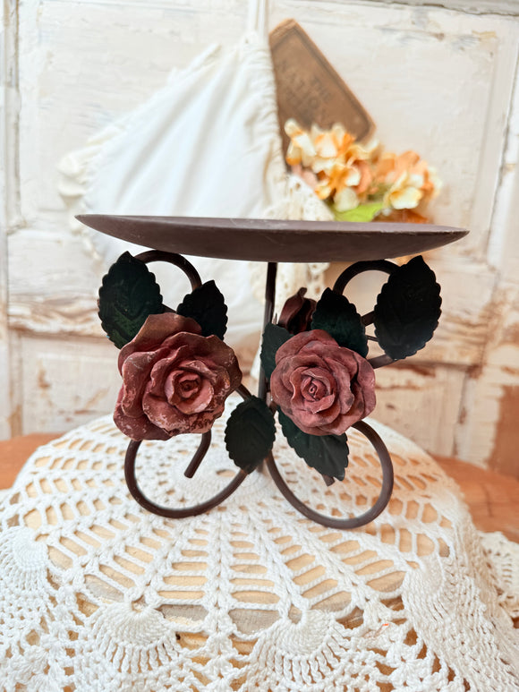VINTAGE METAL ROSES PILLAR CANDLE HOLDER