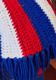 LARGE VINTAGE PATRIOTIC RED WHITE AND BLUE AFGHAN WITH TASSELS