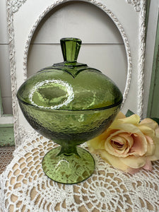 GREEN TEXTURED VINTAGE GLASS COMPOTE WITH LID ON PEDESTAL