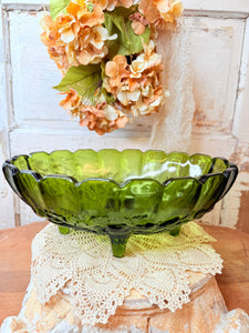 VINTAGE GREEN GLASS FRUIT MOTIF FOOTED BOWL