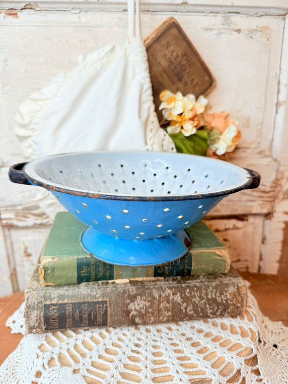 ANTIQUE BLUE ENAMEL COLANDER